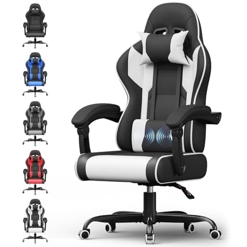 Airfish Chaise Gaming Ergonomique avec Massage Lombaire Électrique, Fauteuil Gamer en Cuir PU, Siège Réglable, Dossier Inclinable 90°-150°, Chaise Bureau Gaming, Charge 150KG, Blanc