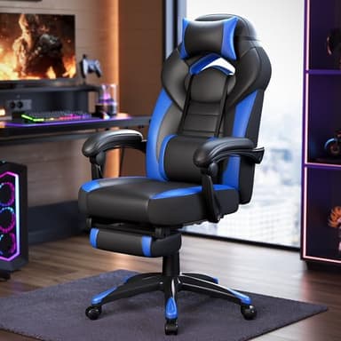 SONGMICS Chaise de Jeu, Chaise d'Ordinateur, Ergonomique, avec Repose-Pieds, Coussin de Tête Ajustable, Support Lombaire, Capacité de Charge de 150 kg, Noir et Bleu OBG77BU