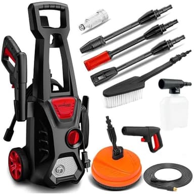 Lehmann Nettoyeur Haute Pression Jukon, 1600 W, Max. 200 Bar, Débit 480 l/h, Tuyau Haute Pression de 5m avec, Kit D'accessoires - Pistolet, Lances, Lance à Mousse, Brosse à Patio, Brosse à Jante